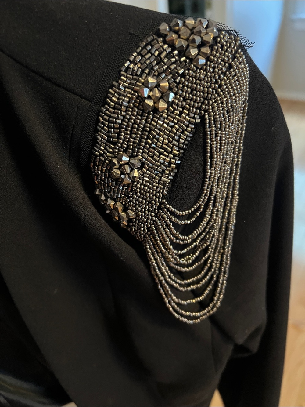 H&M Black Cropped Blazer with Beaded Chain Shoulder Embellishments - Picture 3 of 6